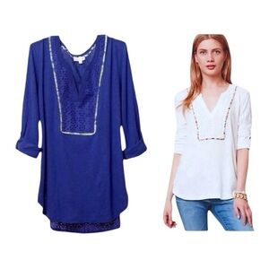 $119 Anthropologie Vintage Henley Top XSmall 0 2 Slubby Openwork Colorful Trim